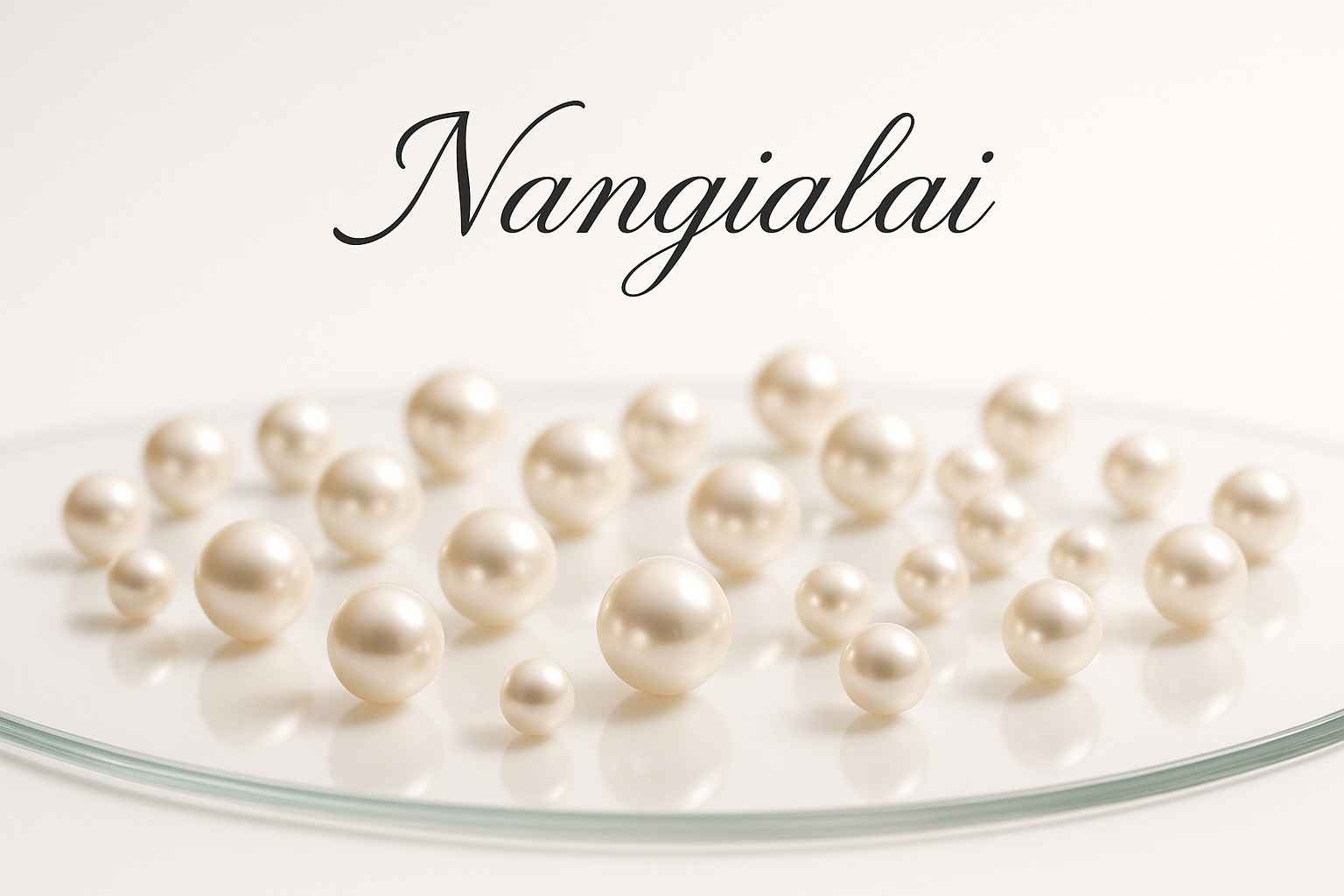 pearls on a glass table with a white background with the word Nangialai written in Cursive