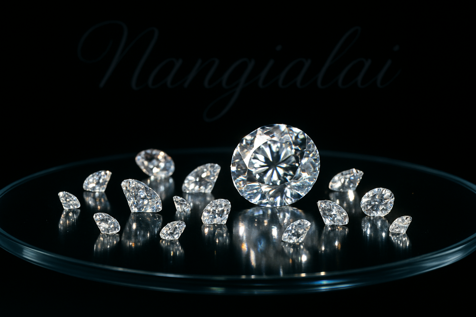 diamonds on a glass table with a black background with the word Nangialai writtern in cursive in the background